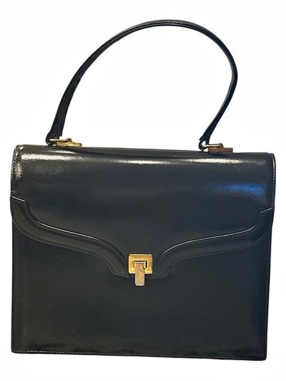 Vintage Dofan France Black Leather Top Handle Handbag Mid-Century MCM